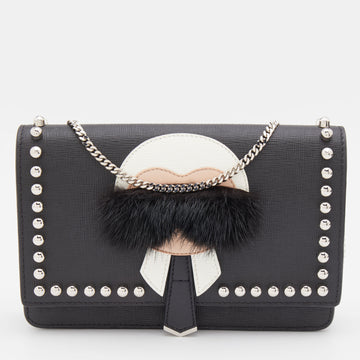 Fendi Black Leather Studded Karlito Wallet on Chain