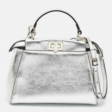 Fendi Silver Leather Mini Peekaboo Top Handle Bag