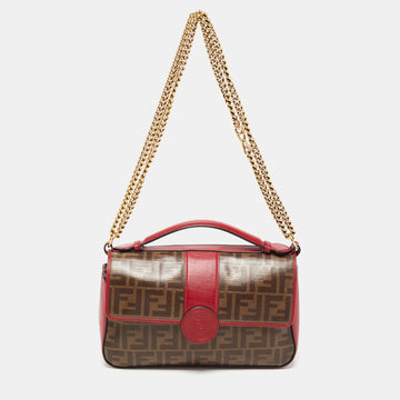 Fendi Tobacco/Red Zucca Coated Canvas and Leather Double F Top Handle Bag