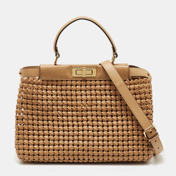 Fendi Beige Woven Leather Medium Peekaboo Top Handle Bag