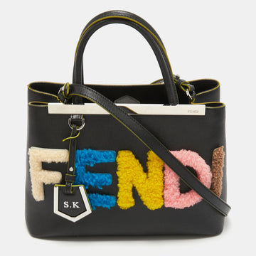 Fendi Black Leather and Shearling Logo Petite Sac 2jours Tote