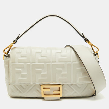 Fendi White Zucca Embossed Leather Medium Baguette Bag