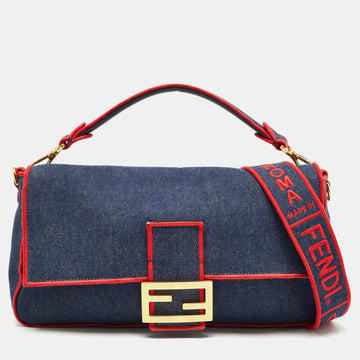 Fendi Blue/Red Denim Large Baguette Shoulder Bag