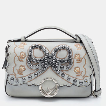 Fendi Grey/Beige Embellished Leather Micro Double Baguette Bag