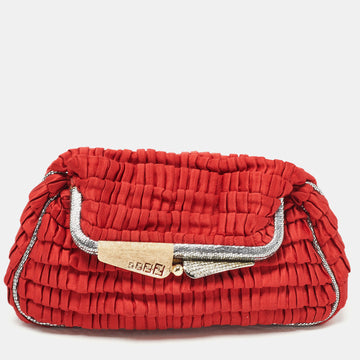 Fendi Red/Silver Pleated Satin Borderline Clutch