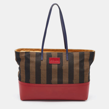 FENDI Tobacco/Red Pequin Striped Canvas and Leather Roll Shopper Tote