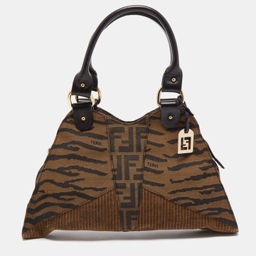 Fendi Brown Zucca/Tiger Print Canvas and Corduroy Devil Trapezio Shoulder Bag