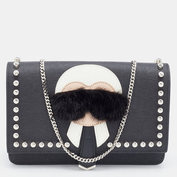 FENDI Black Leather Karlito Wallet on Chain