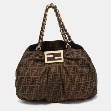 Fendi Tobacco Zucca Canvas And Patent Leather Large Mia Shoulder Bag