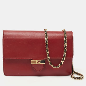 FENDI Red/Burgundy Leather FF Flap Wallet On Chain