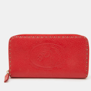 FENDI Red Selleria Leather Logo Zip Around Wallet