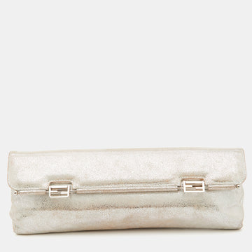 FENDI Sliver Shimmering Leather Flap Clutch