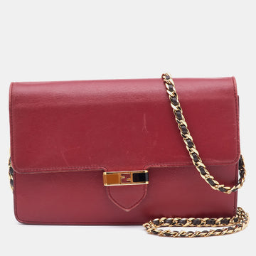 FENDI Red/Burgundy Leather FF Flap Wallet On Chain