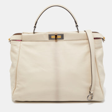 FENDI Cream Leather Large Peekaboo Top Handle Bag