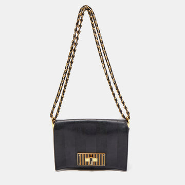 FENDI Black Pequin Embossed Leather Small Claudia Flap Bag