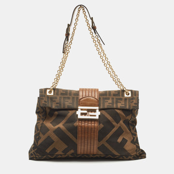 FENDI Tobacco Zucca Canvas and Leather Maxi Baguette Flap Shoulder Bag