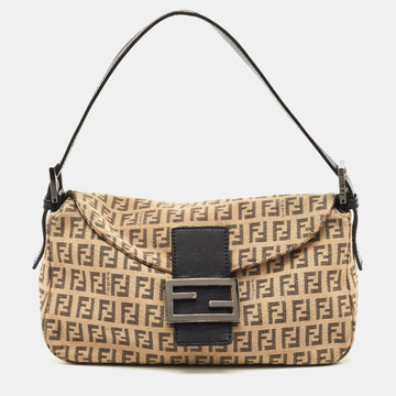 FENDI Black/Beige Zucchino Canvas Mama Baguette Shoulder Bag