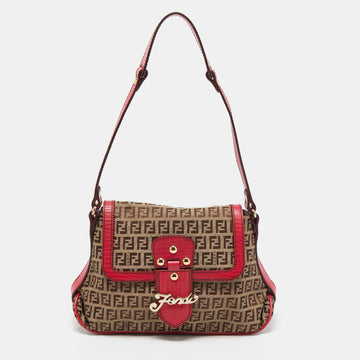 FENDI Magenta/Beige Zucchino Canvas and Leather Flap Shoulder Bag