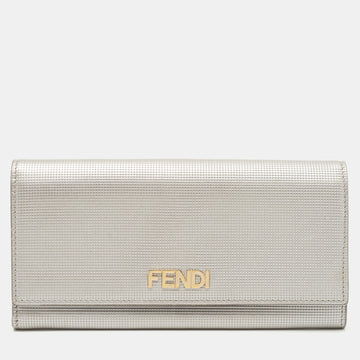 FENDI Silver Textured Leather Logo Flap Continental Wallet