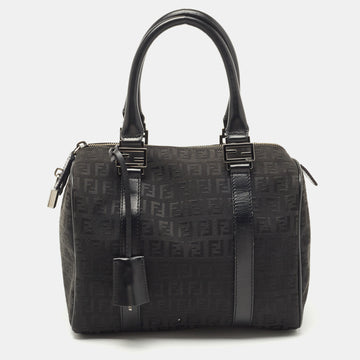 FENDI Black Zucchino Fabric and Leather Small Forever Bauletto Boston Bag