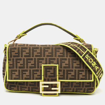 FENDI Neon Green/Tobacco Zucca Canvas Large Baguette Shoulder Bag