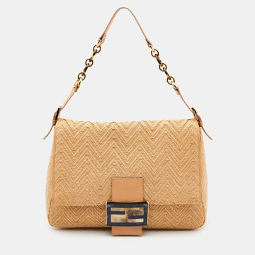 FENDI Beige Raffia and Leather Detail Mama Forever Shoulder Bag