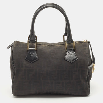 FENDI Black Zucca Canvas and Leather Bauletto Boston Bag