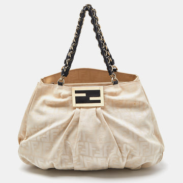 FENDI Beige/Black Zucca Canvas and Leather Large Mia Tote