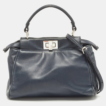 FENDI Navy Blue Leather Mini Peekaboo Top Handle Bag