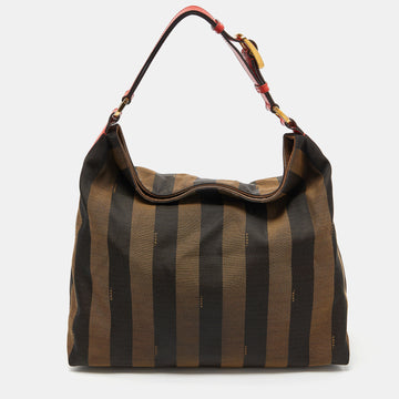 FENDI Tobacco/Red Pequin Stripe Canvas and Leather Hobo