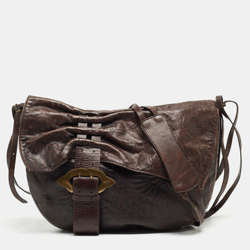 FENDI Dark Brown Embossed Leather Buckle Flap Shoulder Bag