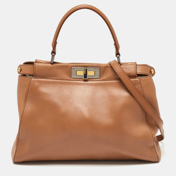 FENDI Beige Leather Medium Peekaboo Top Handle Bag