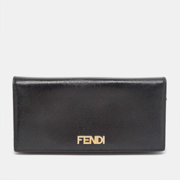 FENDI Black Glossy Leather Logo Flap Continental Wallet