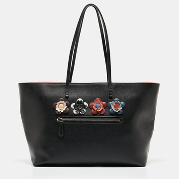 FENDI Black/Pink Leather Medium Flowerland Roll Tote