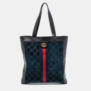 Gucci Blue/Black GG Velvet And Leather Large Ophidia Vertical Tote