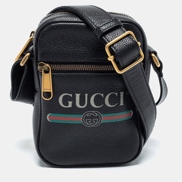 Gucci Black Leather Logo Print Messenger Bag