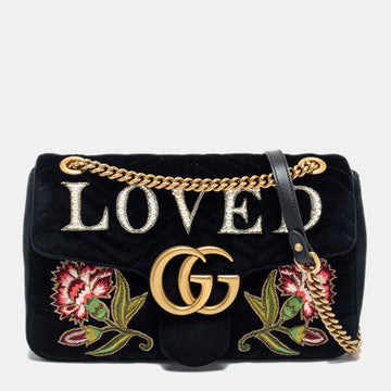 Gucci Black Love Embroidered Matelasse Velvet Medium GG Marmont Shoulder Bag