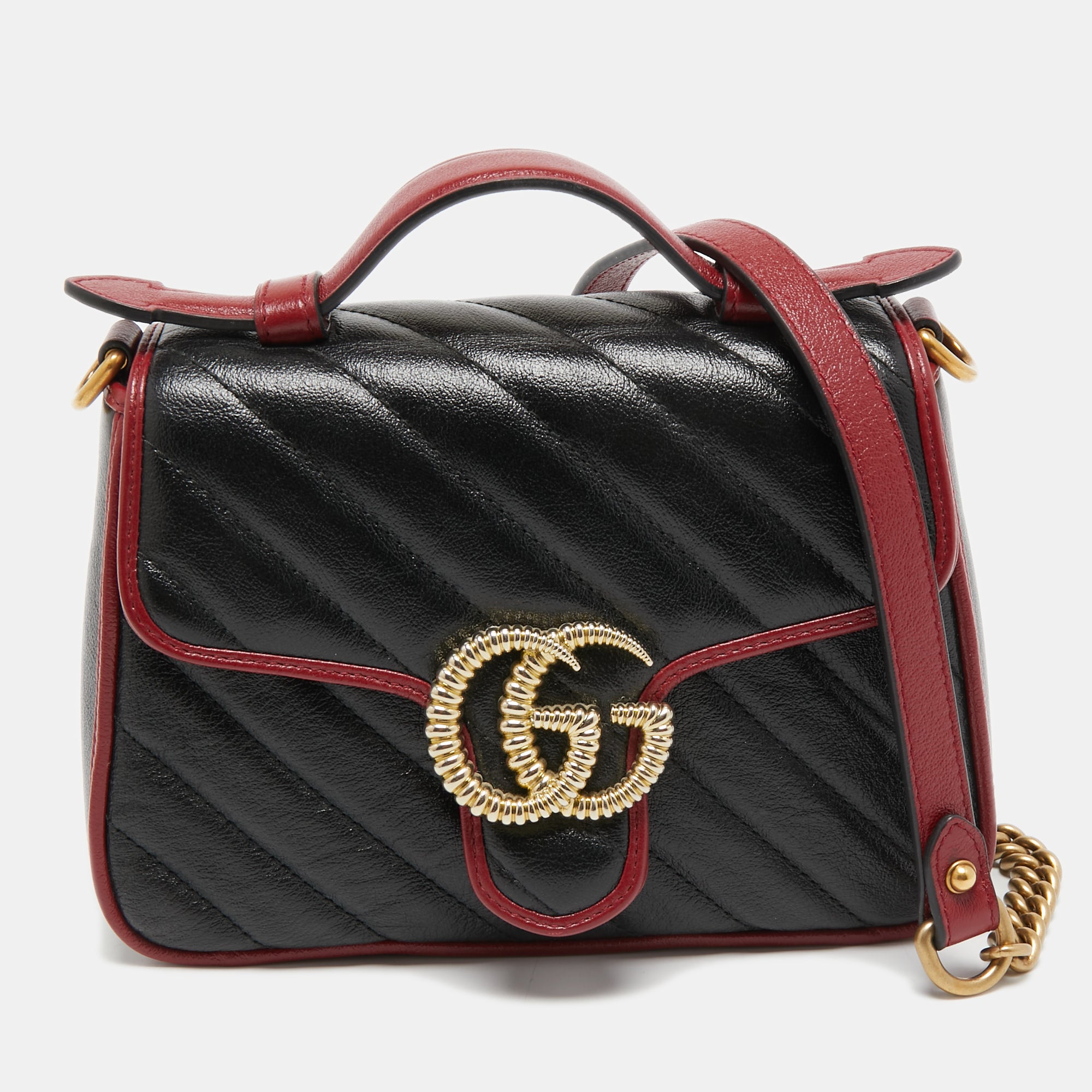 Gucci Black Red Diagonal Quilt Leather Mini GG Marmont Top Handle Bag