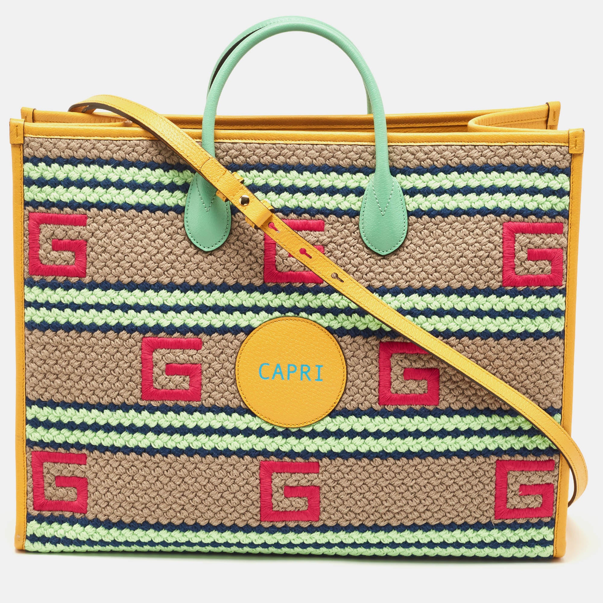 GUCCI Multicolor Woven Fabric and Leather Square G Capri Stripe