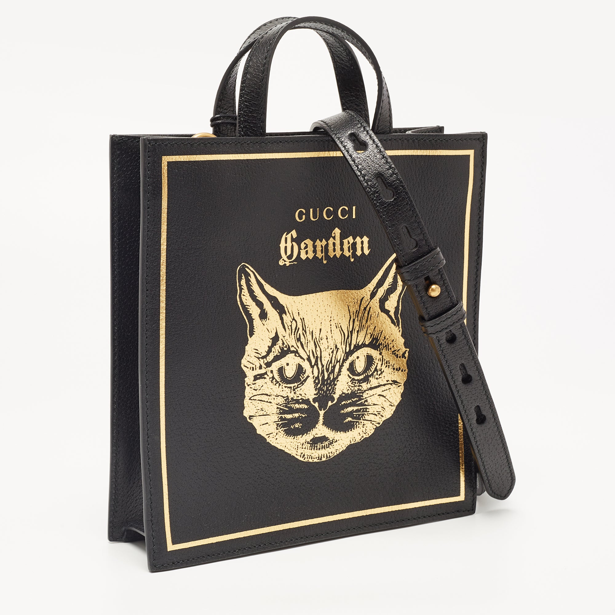 GUCCI Garden Black Leather Cat Print Tote