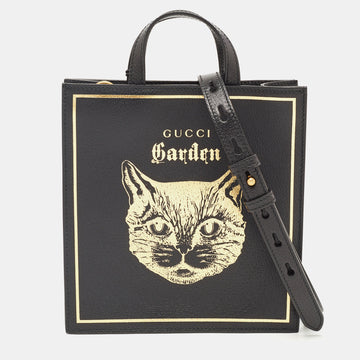 GUCCI Garden Black Leather Cat Print Tote