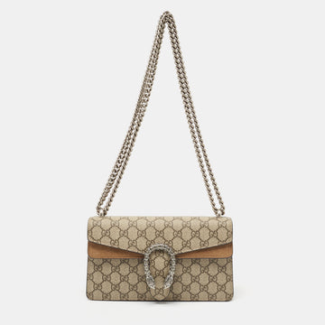 GUCCI Beige GG Supreme Canvas and Suede Small Rectangular Dionysus Shoulder Bag