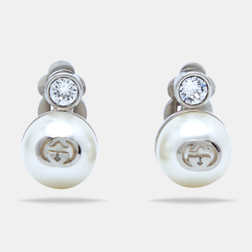 Gucci GG Faux Pearl Crystals Silver Tone Clip On  Earrings
