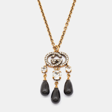 GUCCI GG Crystals Resin Gold Tone Pendant Necklace