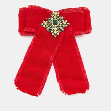 GUCCI Red Fabric Embellished Detail Bow Brooch