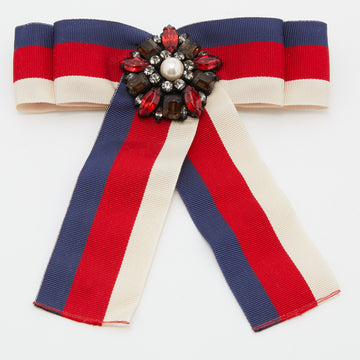 GUCCI White  Blue & Red Web Crystal Grosgrain Bow Brooch