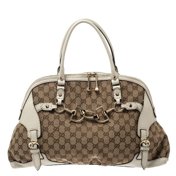 Gucci Beige/White GG Canvas and Leather Medium Horsebit Nail Dome Satchel