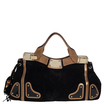 Gucci Black/Metallic Gold Suede and Leather Satchel