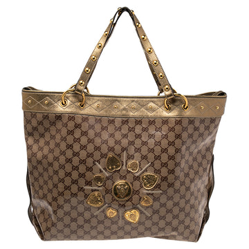 Gucci Gold/Beige GG Crystal Coated Canvas And Leather Studded Irina Tote