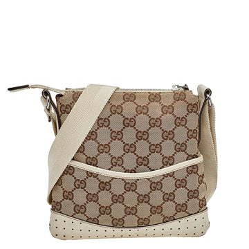 Gucci Beige/White GG Signature Canvas And Perforated Leather Messenger Bag